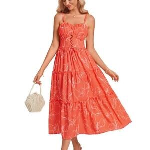 NWT Grace Karin Red Floral Boho Maxi Sundress Lace Up Pockets Medium